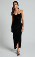 Adeline Midi Dress - Velvet Cowl Neck Drape Dress in Black