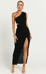 Cristle Midi Dress - One Shoulder Side Cut Out Thigh Split Dress in Black