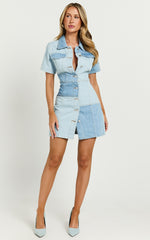 Gladys Mini Dress - Short Sleeve Patchwork Denim Dress in Multi
