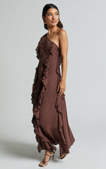 Britney Maxi Linen Dress - One Shoulder Ruffle Detail Dress in Chocolate