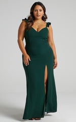 More Than This Maxi Dress - Ruffle Strap Thigh Split Dress in Emerald