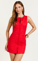 Tia Mini Dress - Fitted Crew Neck Button Down Dress in Red