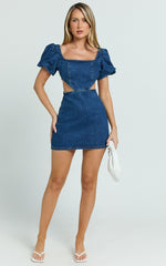 Freya Mini Dress - Denim Cut Out Puff Sleeve Mini Dress in Mid Blue Wash