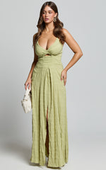 Marisse Maxi Dress - Cut Out Front Split Cross Back Textured Dress in Celery