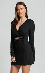 Nicky Mini Dress - Textured Plunge Cut Out Dress in Black