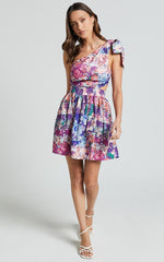 Alice Mini Dress - One Shoulder Side Cut Out Dress in Vintage Garden Print