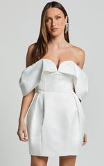 Demelza Mini Dress - V Bar Off Shoulder Satin Dress in Ivory
