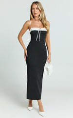 Sheffield Midi Dress - Contrast Tie Front Bodycon Dress in Black