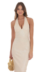 Crinkle Shimmer V-Neck Maxi Dress in Champagne