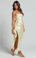 Carolina Maxi Dress - Frill Detail Satin Square Neck Dress in Lemon