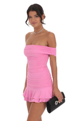 Off Shoulder Ruched Ruffle Dress in Pink
