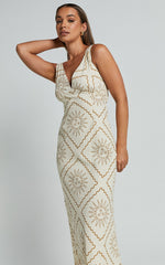 Sharlyn Midi Linen Dress - Deep V Neck Sleeveless Slip Dress in Beige Sun Print