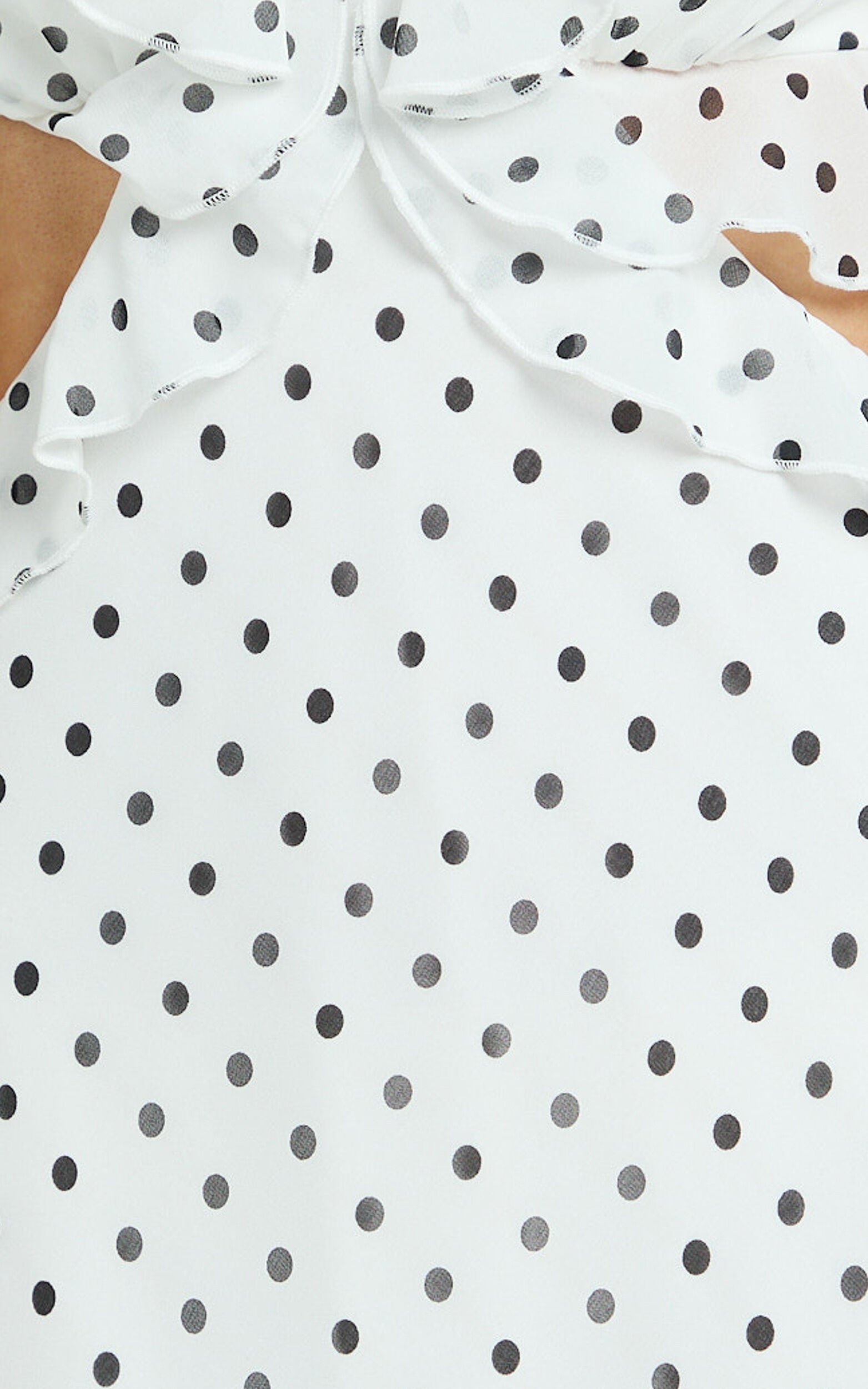 Dahlia Midi Dress - Ruffle Details Slip Dress in White Based Polkadot
