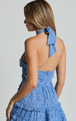 Frankie Mini Dress - Halter Neck Tiered Dress in Cornflower Blue