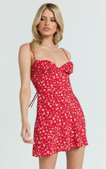 Hilton Mini Dress - Ruched Bust Slip Dress in Red Floral