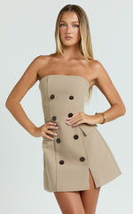Tansy Mini Dress - Strapless Tailored Bodycon Dress in Tan