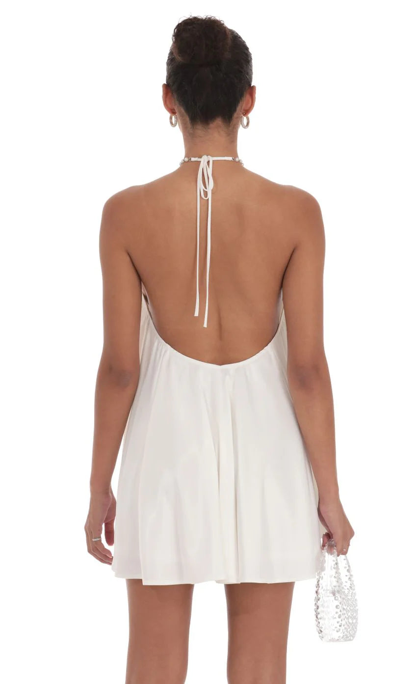 Pearl Halter Shift Dress in White