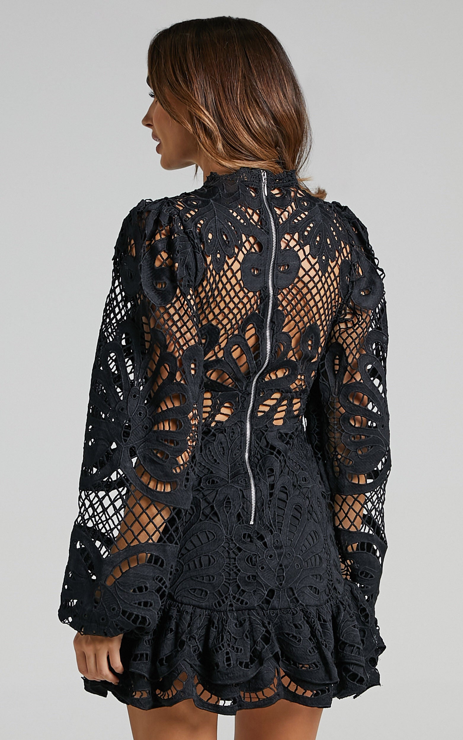 Kiss Me Now Mini Dress - Long Puff Sleeve Dress in Black Lace