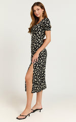 Marcel Midi Dress - Sweetheart Puff Sleeve Thigh Split Dress in Black Wildflower