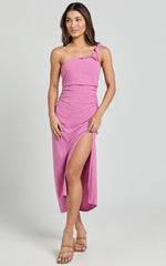 Finley Midi Linen Dress - Linen Feel One Shoulder Ruched Dress in Orchid