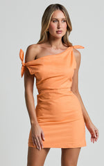 Jeofina Mini Dress - Off The Shoulder Linen Look Dress in Orange