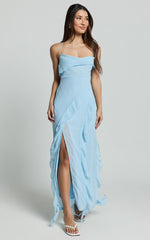 Connie Midi Dress- Ruffle Detail Dress in Blue