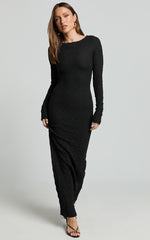 Amy Midi Dress - Scoop Long Sleeve Bodycon Dress in Black