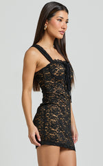 Corinna Mini Dress - Ruched Bust Wide Strap Detail Lace Dress in Black
