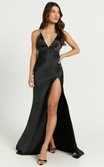 Phillippa Maxi Dress - Diamonte Strap Plunge Bias Cut Satin Dress in Black