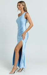 Isla Maxi Dress - Satin One Shoulder Side Split Dress in Blue