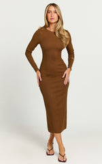 Divina Midi Dress - Long Sleeve A Line Knit Dress in Brown