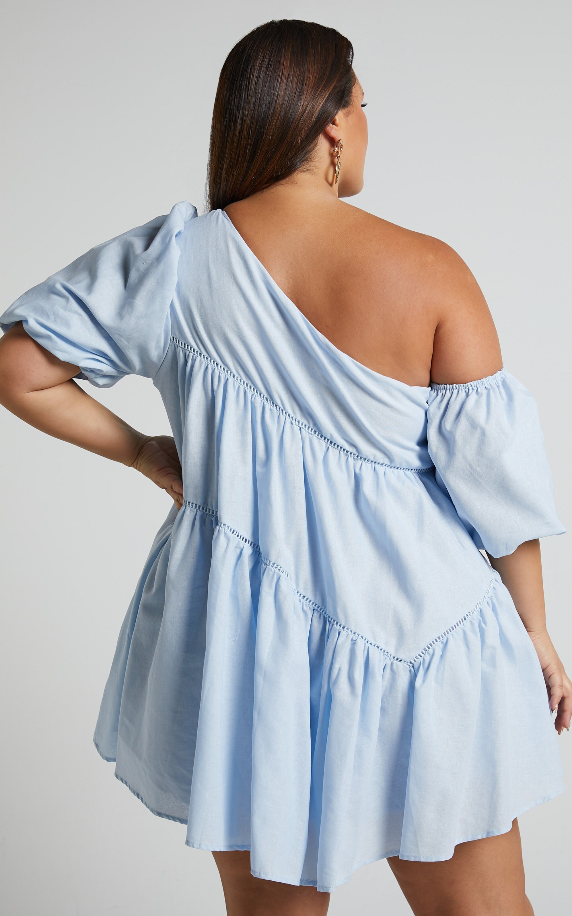 Harleen Mini Dress - Linen Asymmetrical Trim Puff Sleeve Dress in Light Blue