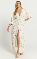 Inka Midi Dress - Short Sleeve Button Down Dress in Botanical Floral