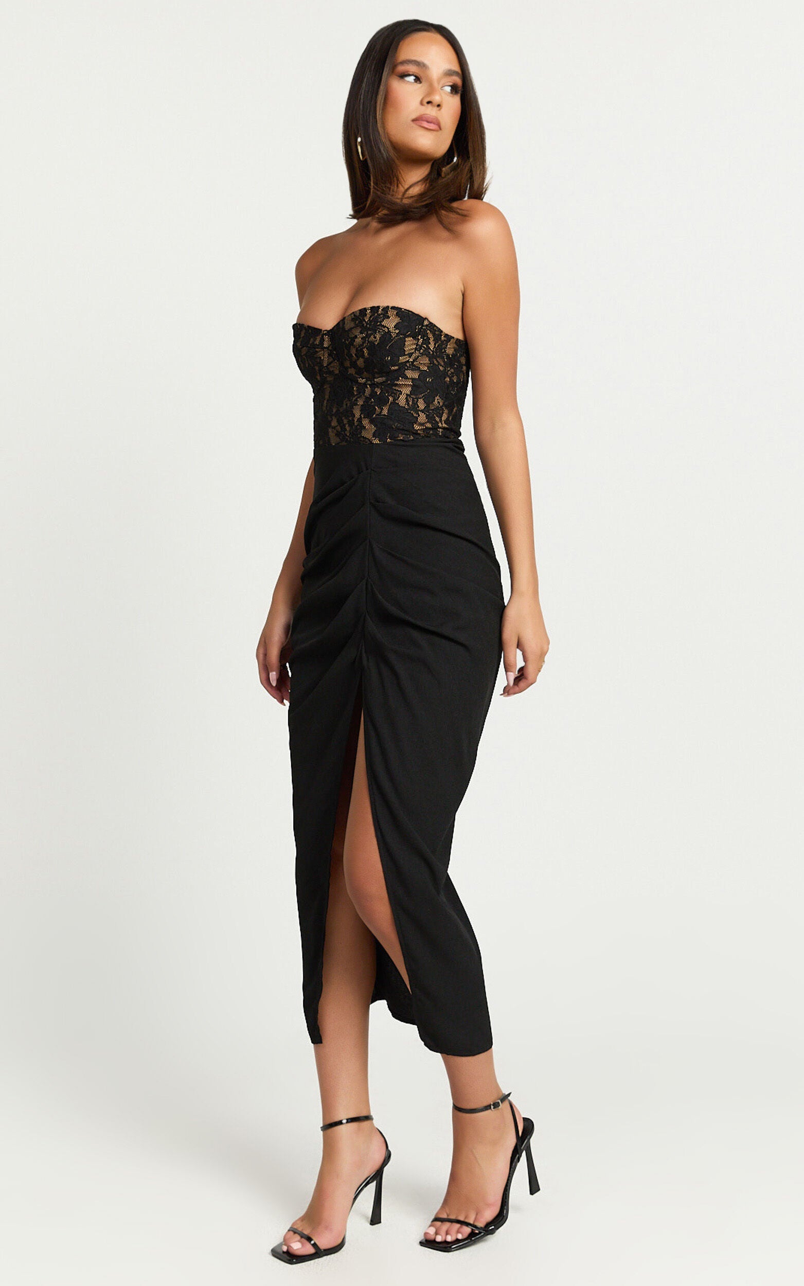Janet Midi Dress - Strapless Sweetheart Draped Skirt Dress in Black