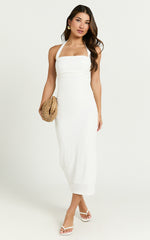Lila Midi Dress - Halterneck Ruched Bodycon Dress in Off White