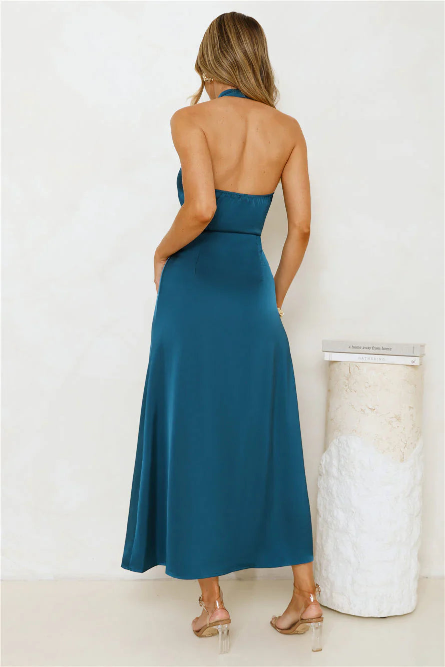 Night's Allure Satin Halter Maxi Dress Teal