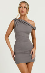 Clementine Mini Dress - Ribbed Off Shoulder Bodycon Dress in Dark Grey