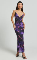 Susie Midi Dress - Recycled Strappy Cowl Slip Dress in Violet Night Print