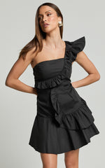 Valerie Mini Dress - One Shoulder Ruffle Detail A Line Dress in Black