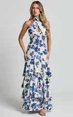 Talia Maxi Dress - Halter Neck Layered Dress in Blue and White Print