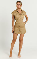 Audette Mini Dress - Short Sleeve Button Through Dress in Brown