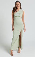 Andy Midi Dress - Asymmetrical Cap Sleeve High Slit Slip Dress in Sage