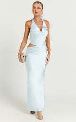 Berna Midi Dress - Cowl Neck Satin Slip Dress with Cut Out Detail in Light Blue