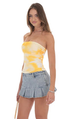 Mesh Floral Ruched Tube Top in Yellow