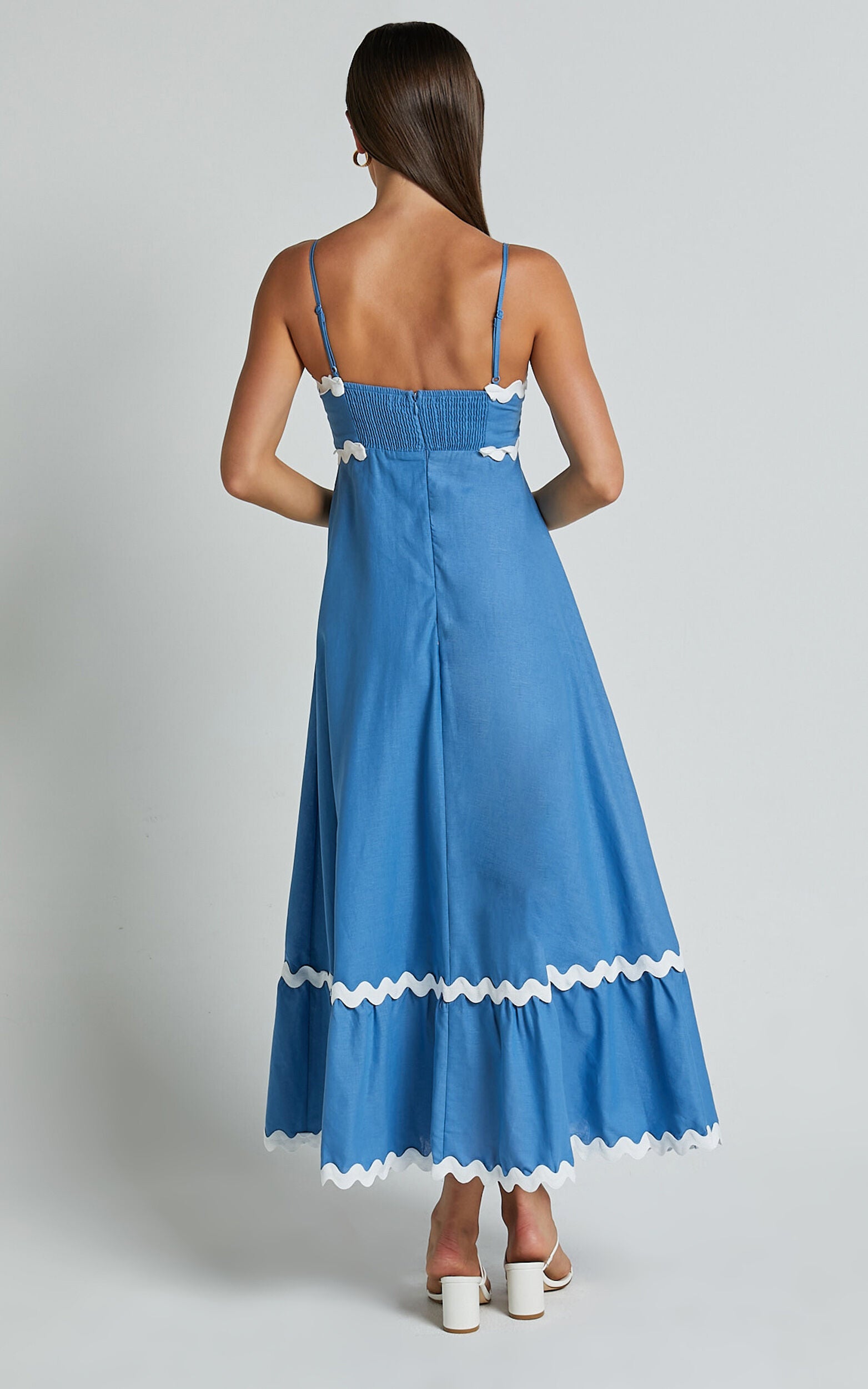 Moriseth Midi Dress - Linen Sleeveless Fit Flare Dress in Blue