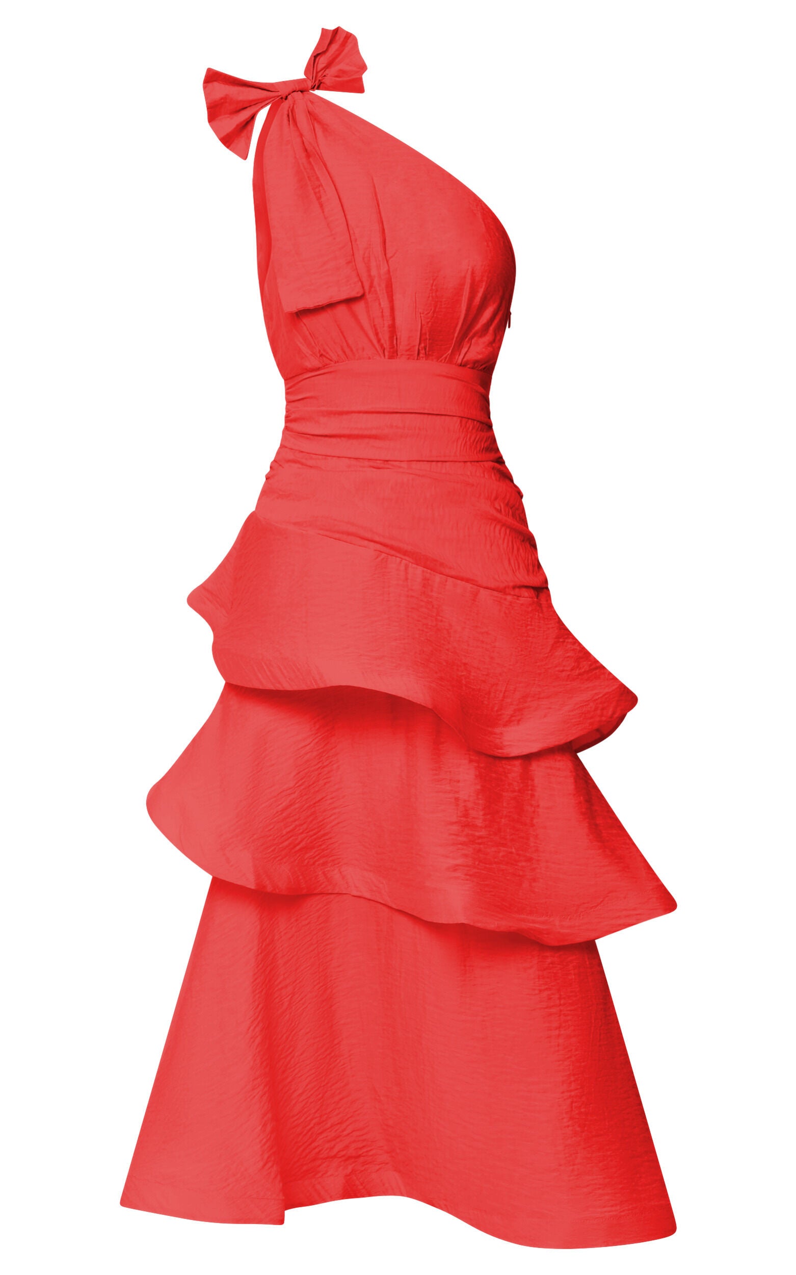 Eugenia Midi Dress - One Shoulder Fit and Flare Layered Dress in Red