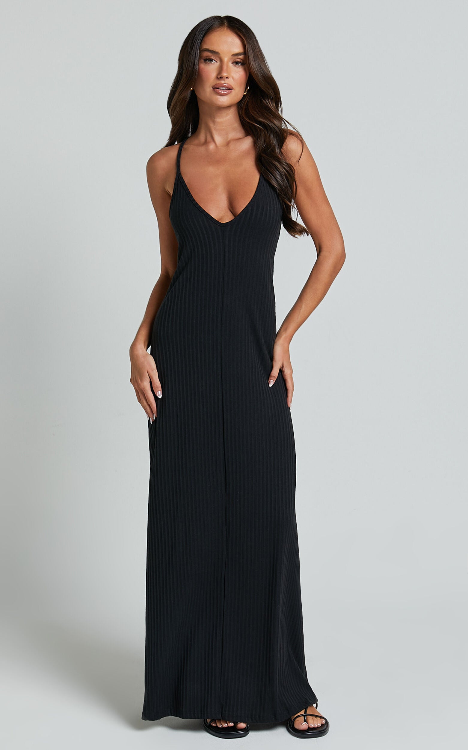 Jacky Maxi Dress - Strappy Plunge Cross Back Tie A Line Dress in Black
