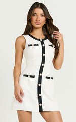 River Mini Dress - Boucle Button Through A Line Dress in White