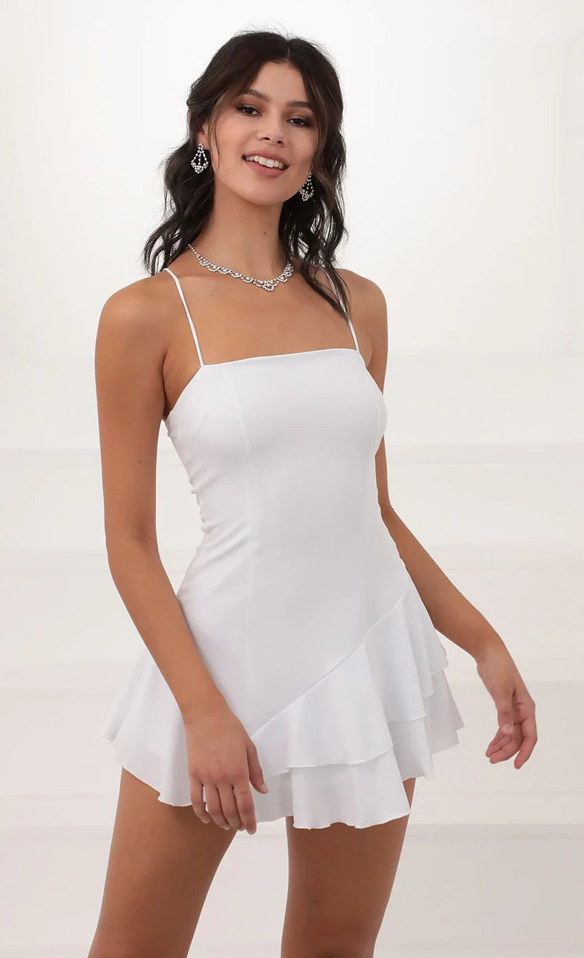 Asymmetrical Frill Dress in White