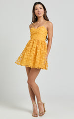 Prague Mini Dress - Strappy Embroidered Tulle Bustier Dress in Marigold